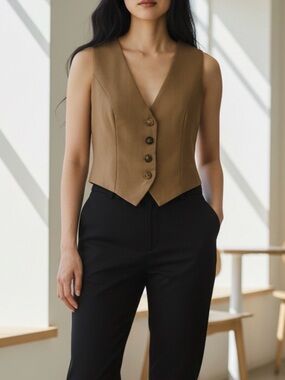 RIHOAS Tan Sleeveless V-Neck Buttoned Tailored Vest Size XS